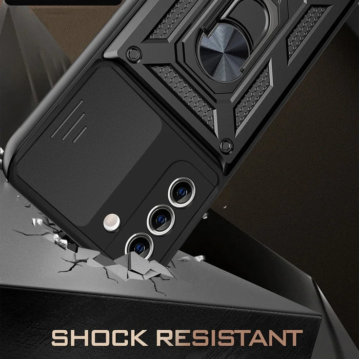 Camera Push Window Phone Case Cover with Ring Holder Kickstand for Samsung Galaxy S21 FE - Black - 3