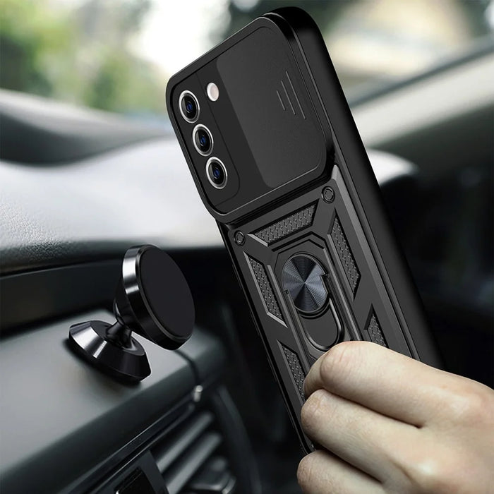 Camera Push Window Phone Case Cover with Ring Holder Kickstand for Samsung Galaxy S21 FE - Black - 4