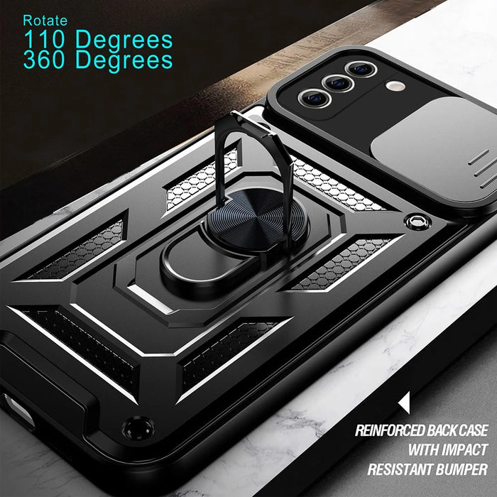 Camera Push Window Phone Case Cover with Ring Holder Kickstand for Samsung Galaxy S21 FE - Black - 6