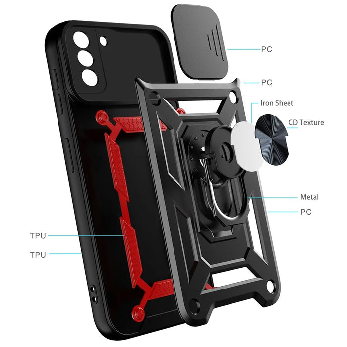 Camera Push Window Phone Case Cover with Ring Holder Kickstand for Samsung Galaxy S21 FE - Black - 7