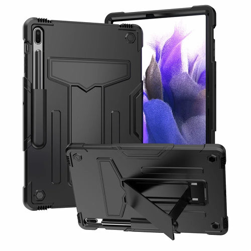 Foldable T-shaped Kickstand PC Silicone Shock-Proof Cover Protector for Samsung Galaxy Tab S7 FE - Black - 1
