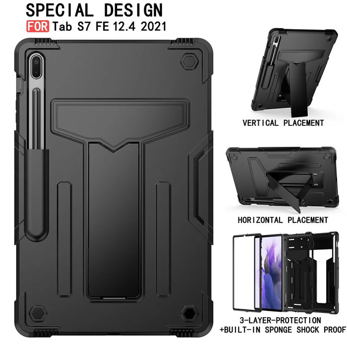 Foldable T-shaped Kickstand PC Silicone Shock-Proof Cover Protector for Samsung Galaxy Tab S7 FE - Black - 2
