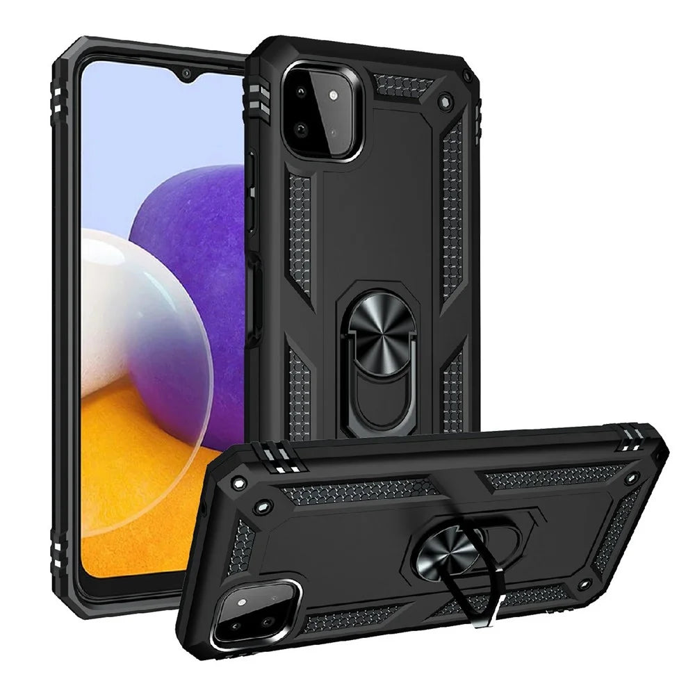 Shock-Absorbed PC + TPU Combo Hybrid Phone Shell with Ring Kickstand for Samsung Galaxy A22 5G (EU Version) - Black - 1
