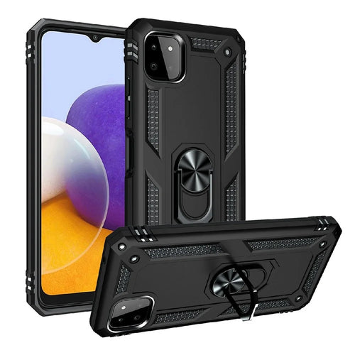 Shock-Absorbed PC + TPU Combo Hybrid Phone Shell with Ring Kickstand for Samsung Galaxy A22 5G (EU Version) - Black - 1