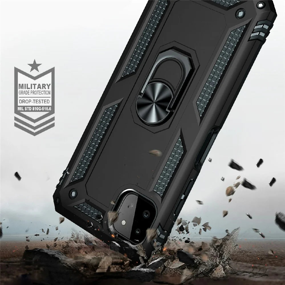 Shock-Absorbed PC + TPU Combo Hybrid Phone Shell with Ring Kickstand for Samsung Galaxy A22 5G (EU Version) - Black - 5
