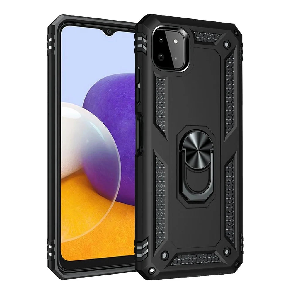 Shock-Absorbed PC + TPU Combo Hybrid Phone Shell with Ring Kickstand for Samsung Galaxy A22 5G (EU Version) - Black - 7