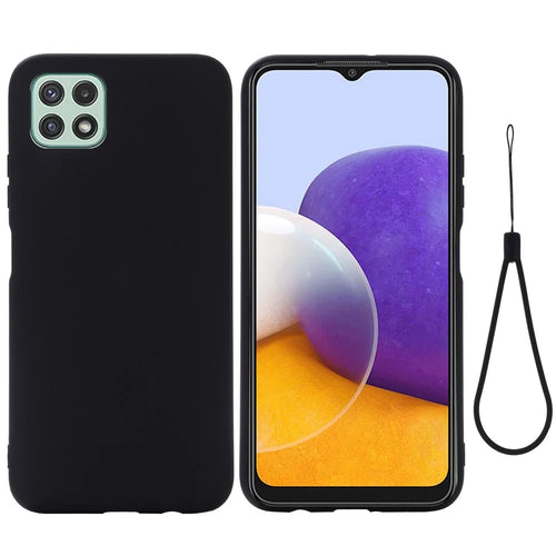 For Samsung Galaxy A22 5G (EU Version) Liquid Silicone Phone Case Shockproof Protective Cover with Handy Strap - Black - 1