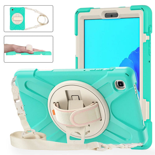 Heavy Duty Shockproof PC + Silicone Cover with 360 Degree Swivel Kickstand Shoulder Strap for Samsung Galaxy Tab A7 Lite 8.7-inch - Cyan / White - 1