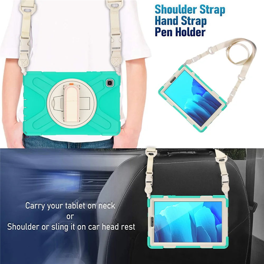 Heavy Duty Shockproof PC + Silicone Cover with 360 Degree Swivel Kickstand Shoulder Strap for Samsung Galaxy Tab A7 Lite 8.7-inch - Cyan / White - 3