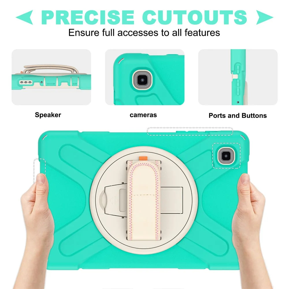 Heavy Duty Shockproof PC + Silicone Cover with 360 Degree Swivel Kickstand Shoulder Strap for Samsung Galaxy Tab A7 Lite 8.7-inch - Cyan / White - 5