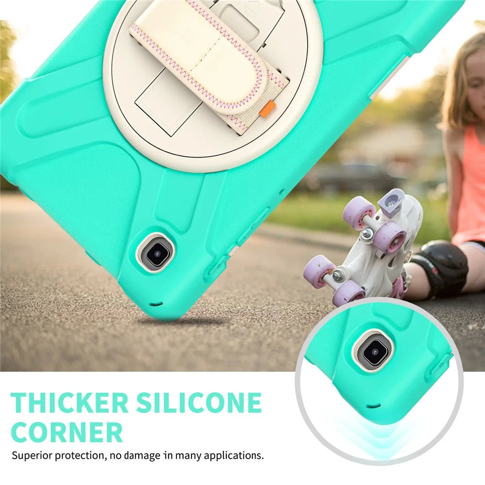 Heavy Duty Shockproof PC + Silicone Cover with 360 Degree Swivel Kickstand Shoulder Strap for Samsung Galaxy Tab A7 Lite 8.7-inch - Cyan / White - 6