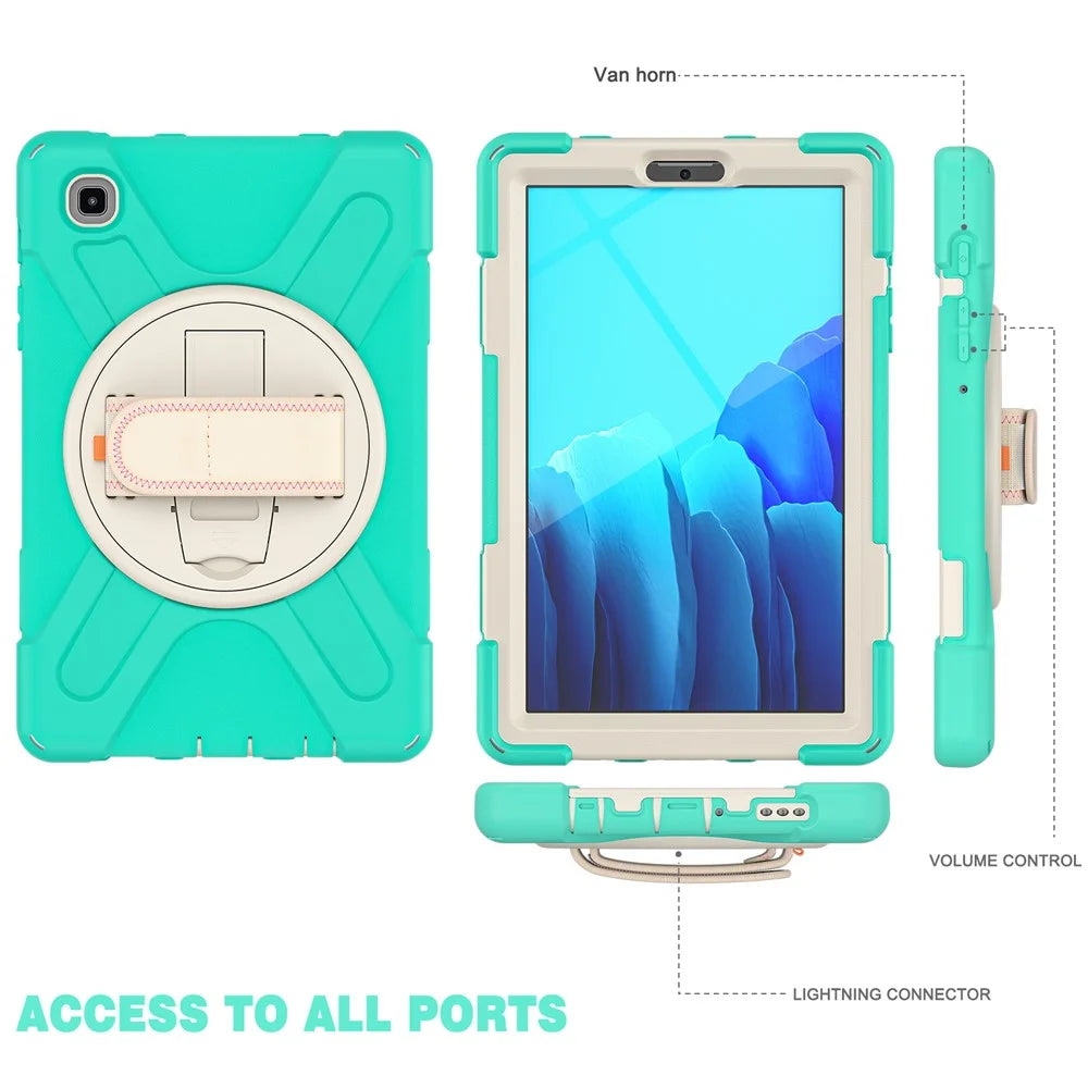 Heavy Duty Shockproof PC + Silicone Cover with 360 Degree Swivel Kickstand Shoulder Strap for Samsung Galaxy Tab A7 Lite 8.7-inch - Cyan / White - 7