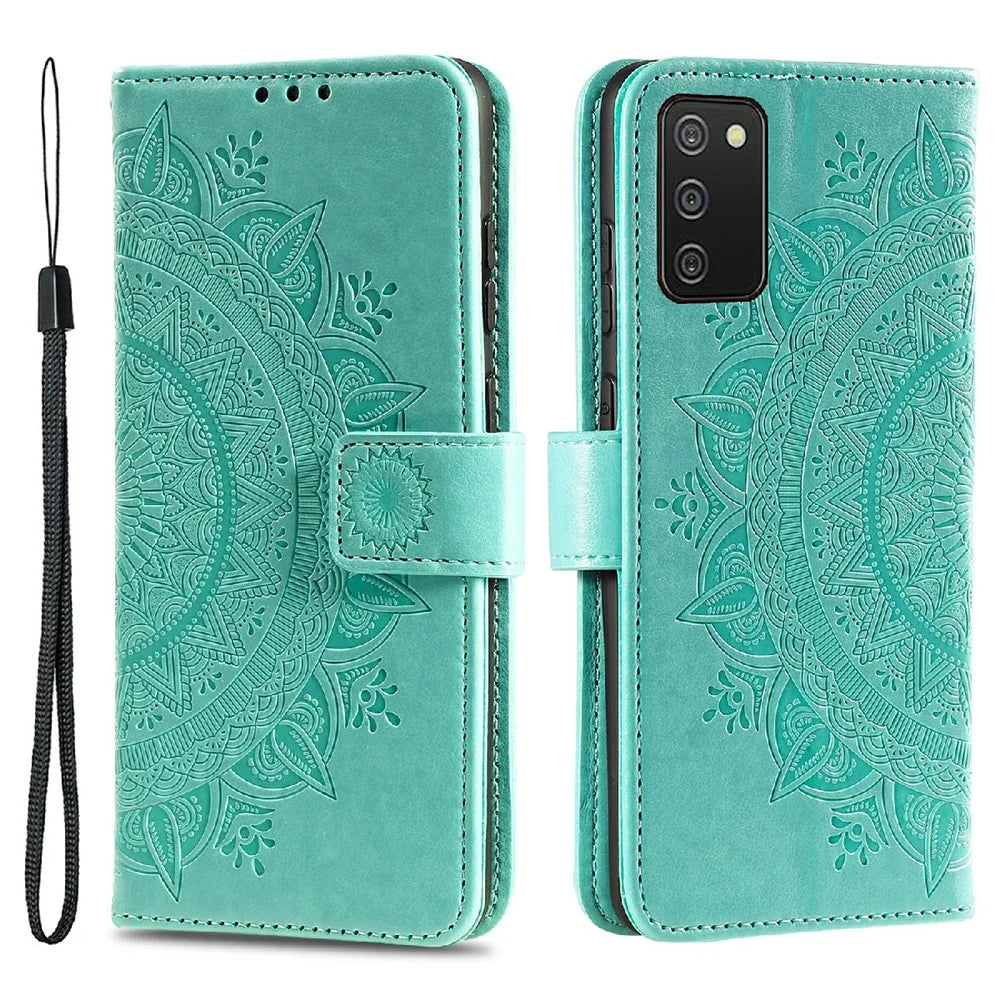 Imprinted Mandala Flower Wallet Leather Stand Case for Samsung Galaxy A03s (166.5mm) - Green - 1