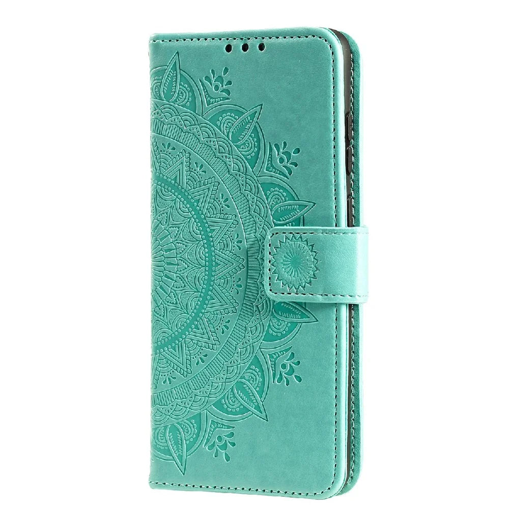 Imprinted Mandala Flower Wallet Leather Stand Case for Samsung Galaxy A03s (166.5mm) - Green - 3