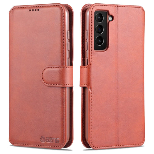 AZNS Leather Shell Cell Phone Wallet Stand Cover Case for Samsung Galaxy S21 FE - Brown - 1