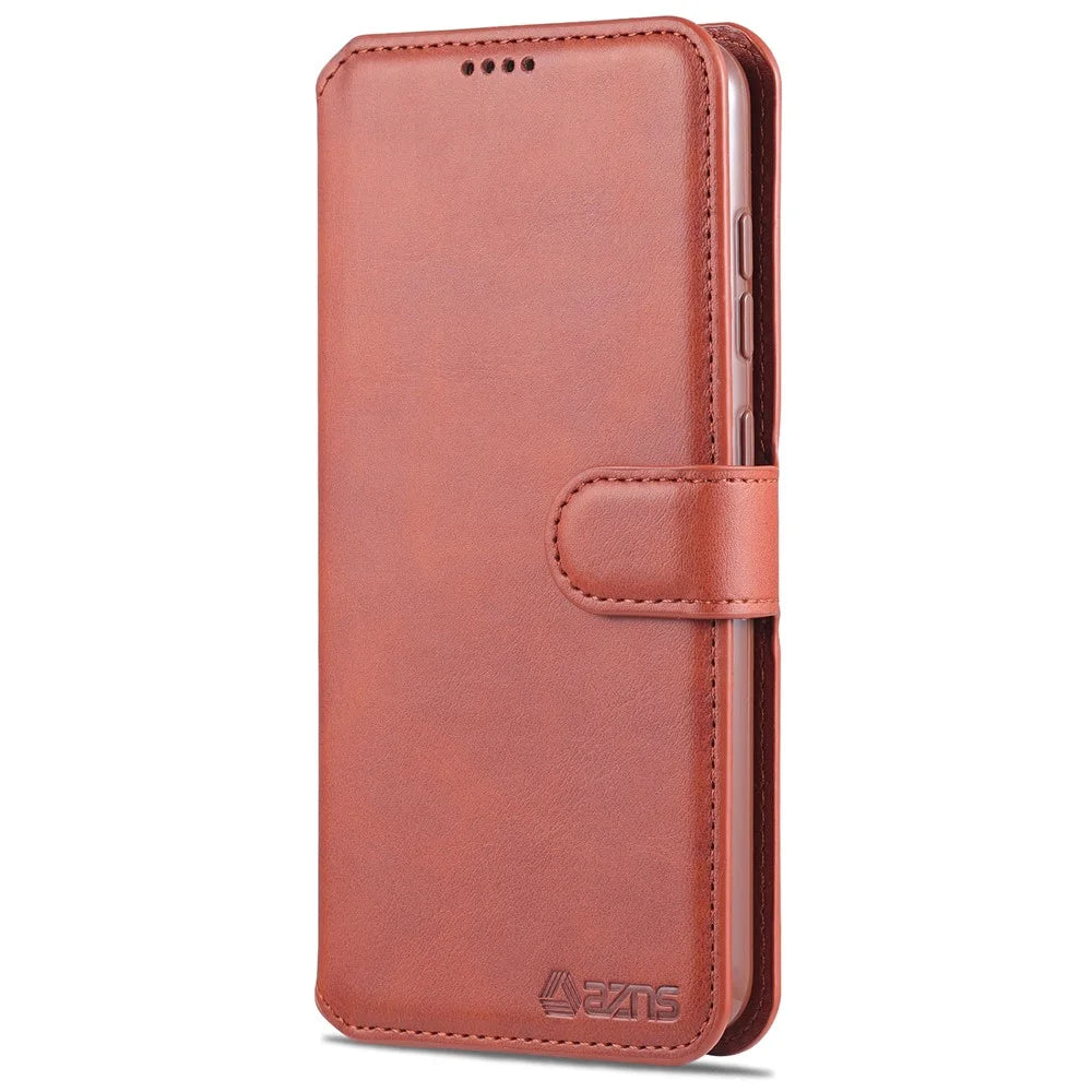 AZNS Leather Shell Cell Phone Wallet Stand Cover Case for Samsung Galaxy S21 FE - Brown - 2