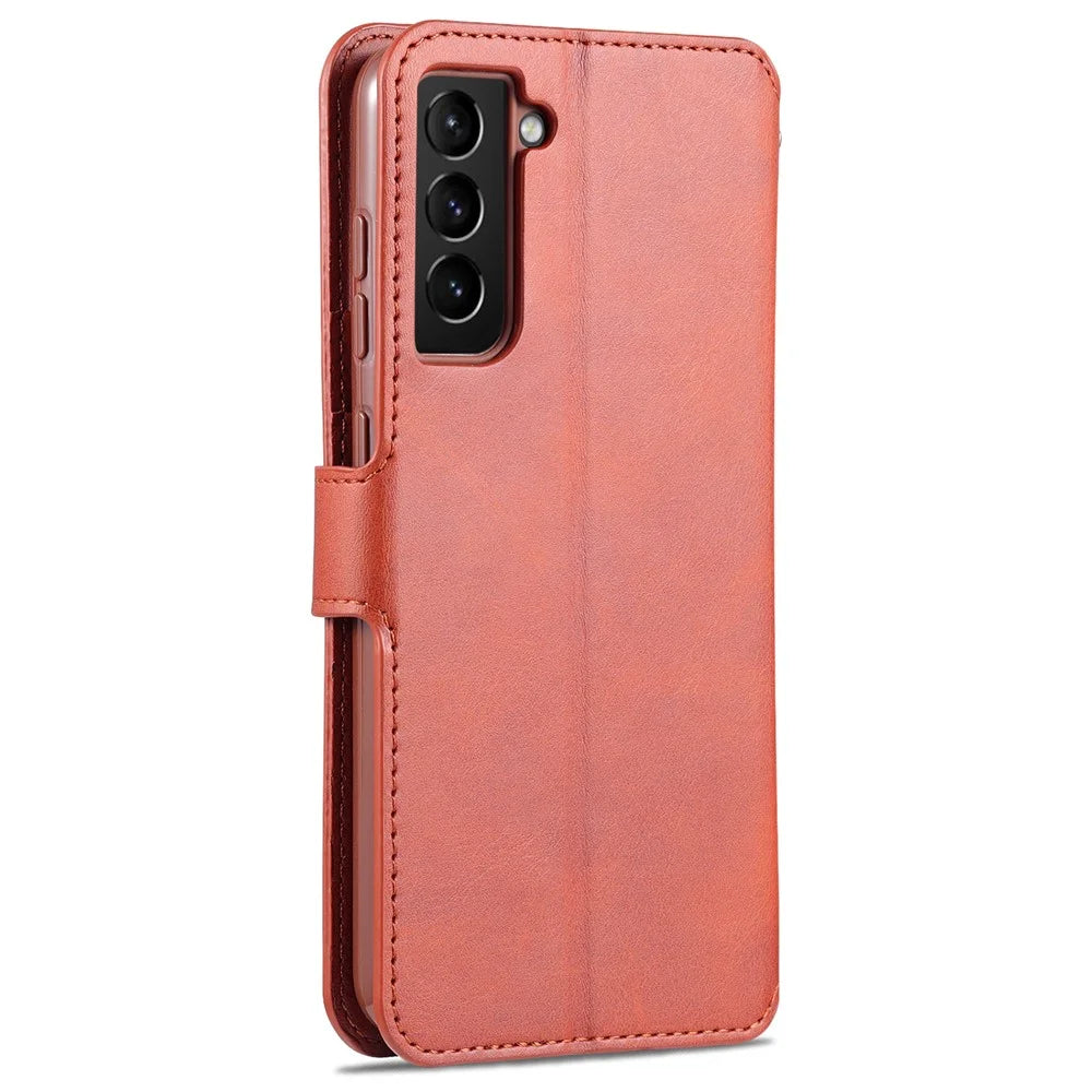 AZNS Leather Shell Cell Phone Wallet Stand Cover Case for Samsung Galaxy S21 FE - Brown - 3
