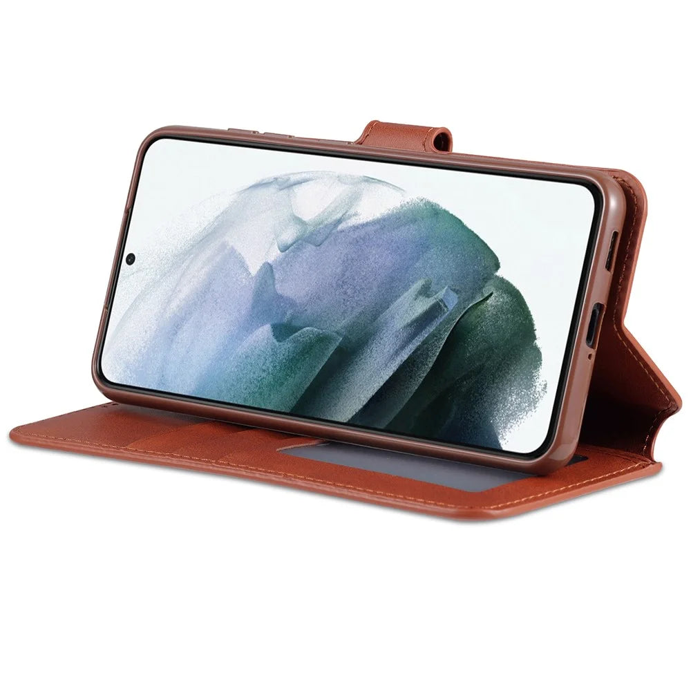 AZNS Leather Shell Cell Phone Wallet Stand Cover Case for Samsung Galaxy S21 FE - Brown - 4