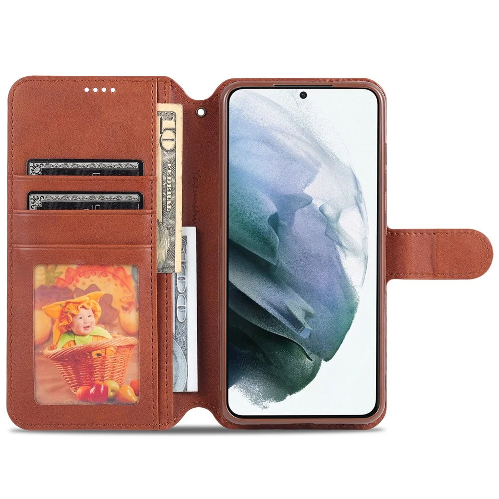 AZNS Leather Shell Cell Phone Wallet Stand Cover Case for Samsung Galaxy S21 FE - Brown - 6