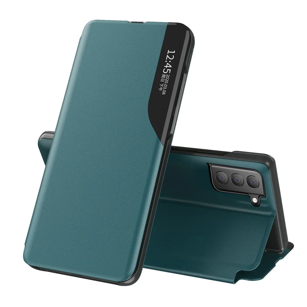 Case View Window PU Leather Stand Cover for Samsung Galaxy S21 FE - Green - 1
