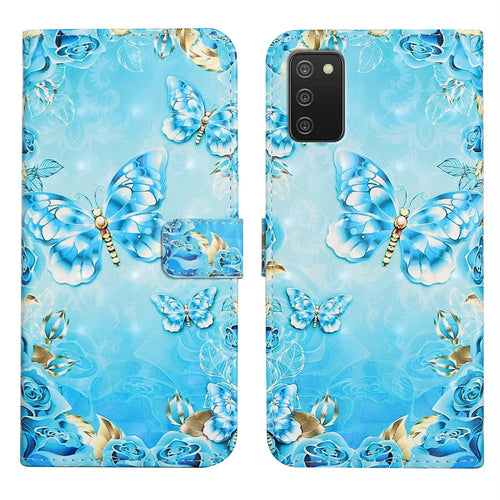 3D Cute Pattern Printing Wallet PU Leather Wallet Case Flip Folio Stand View for Samsung Galaxy A02s (164.2mm) / M02s - Blue / Gold Butterfly - 1