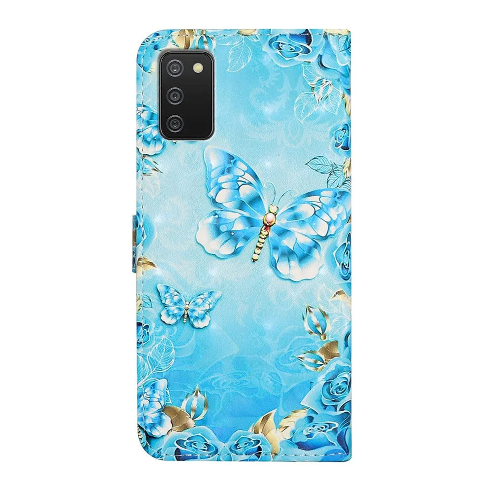 3D Cute Pattern Printing Wallet PU Leather Wallet Case Flip Folio Stand View for Samsung Galaxy A02s (164.2mm) / M02s - Blue / Gold Butterfly - 3