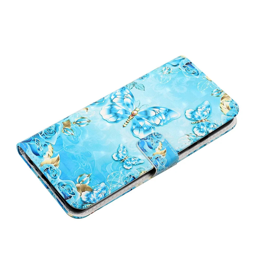 3D Cute Pattern Printing Wallet PU Leather Wallet Case Flip Folio Stand View for Samsung Galaxy A02s (164.2mm) / M02s - Blue / Gold Butterfly - 6