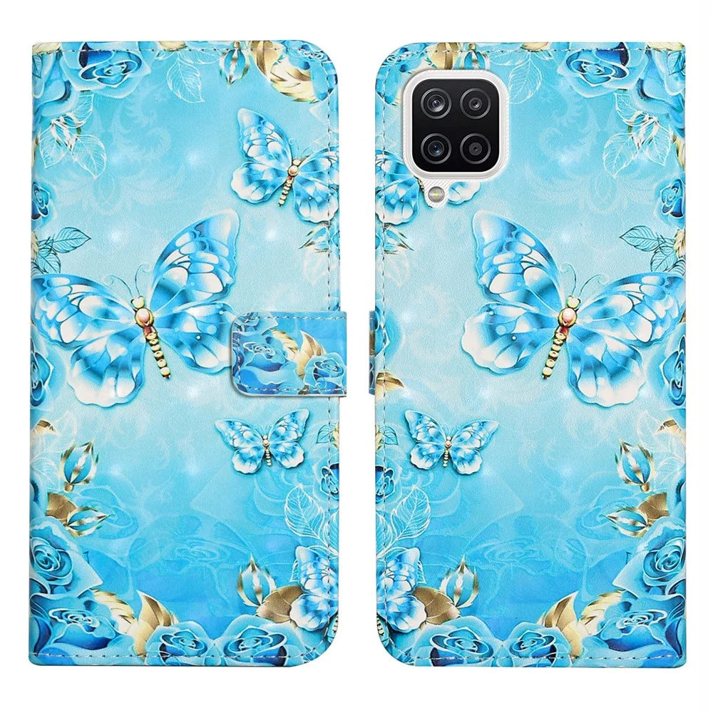 3D Pattern Printing PU Leather Flip Wallet Case Stand Magnetic Closure Protective Cover for Samsung Galaxy A12 - Blue / Gold Butterfly - 1