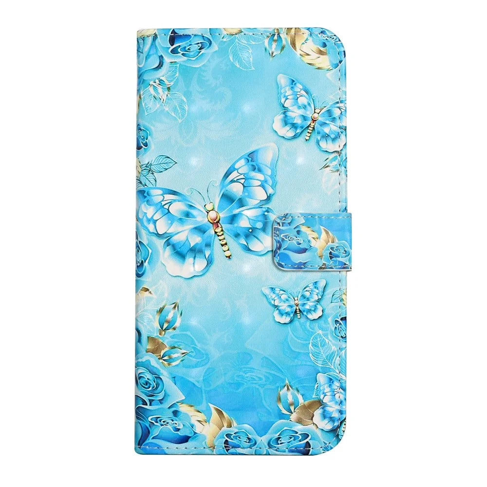 3D Pattern Printing PU Leather Flip Wallet Case Stand Magnetic Closure Protective Cover for Samsung Galaxy A12 - Blue / Gold Butterfly - 2
