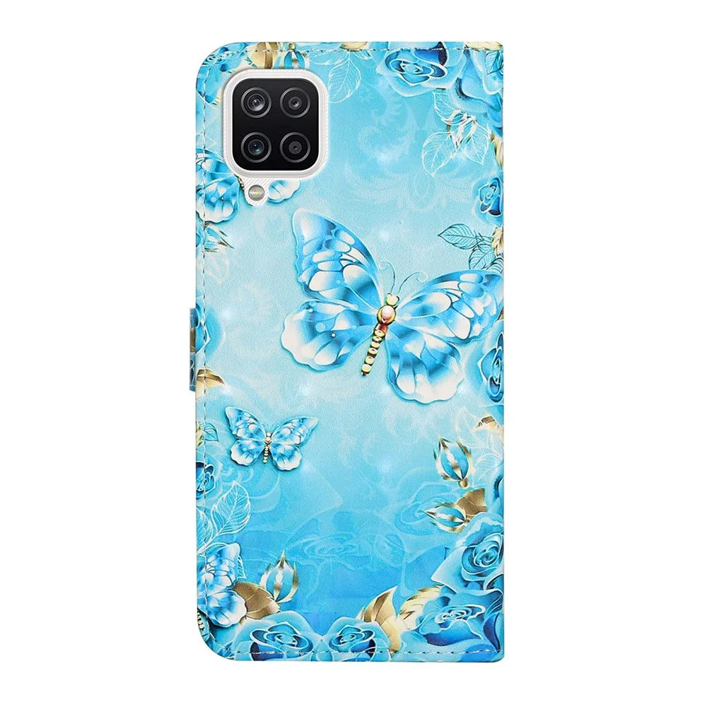 3D Pattern Printing PU Leather Flip Wallet Case Stand Magnetic Closure Protective Cover for Samsung Galaxy A12 - Blue / Gold Butterfly - 3