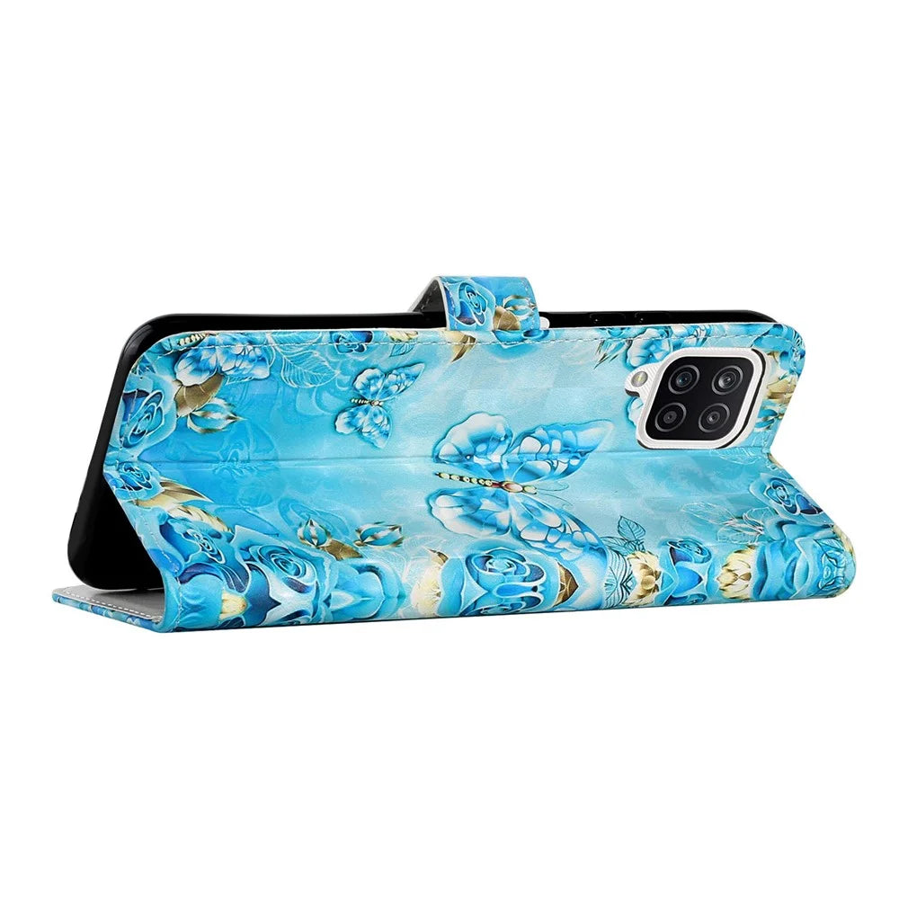 3D Pattern Printing PU Leather Flip Wallet Case Stand Magnetic Closure Protective Cover for Samsung Galaxy A12 - Blue / Gold Butterfly - 4