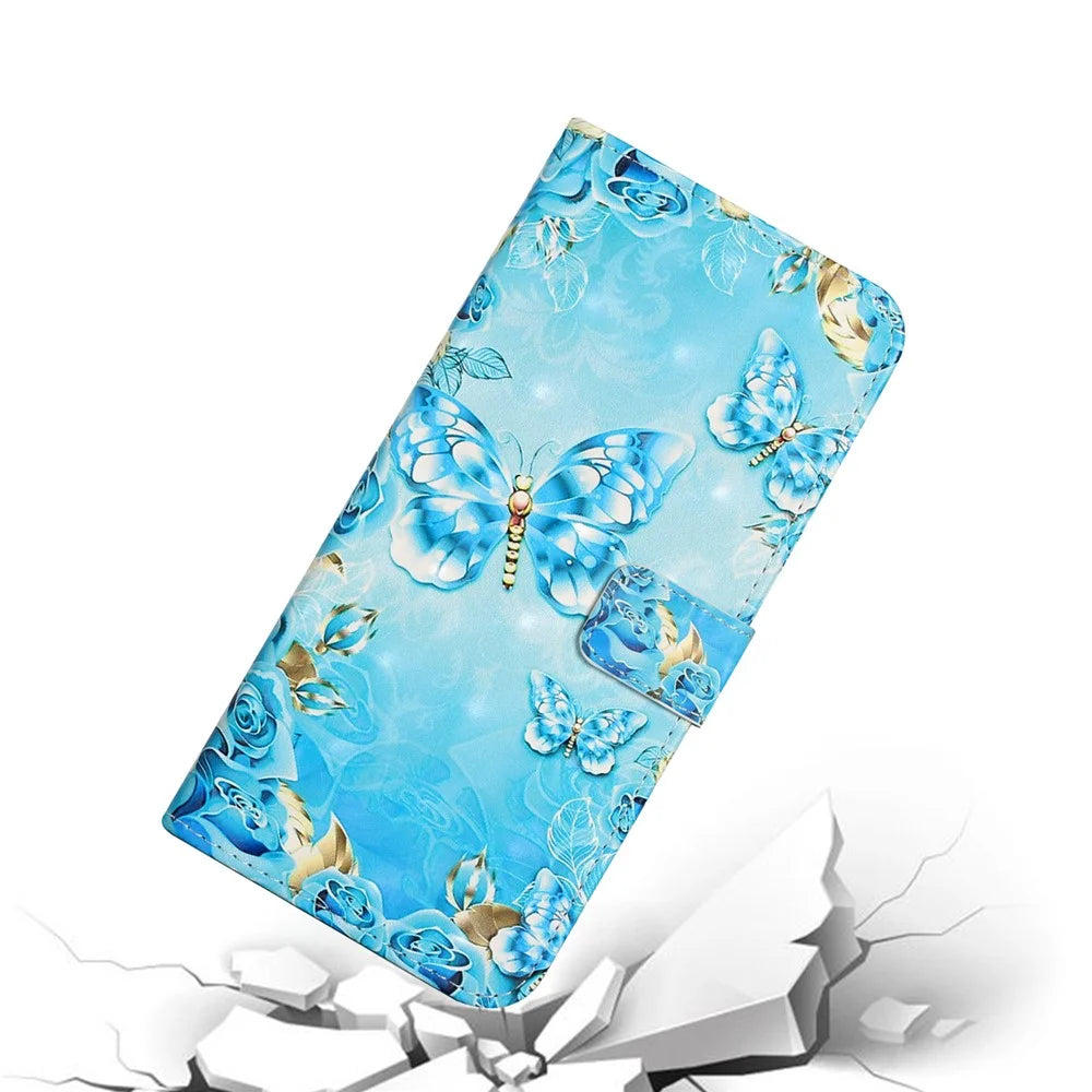 3D Pattern Printing PU Leather Flip Wallet Case Stand Magnetic Closure Protective Cover for Samsung Galaxy A12 - Blue / Gold Butterfly - 7