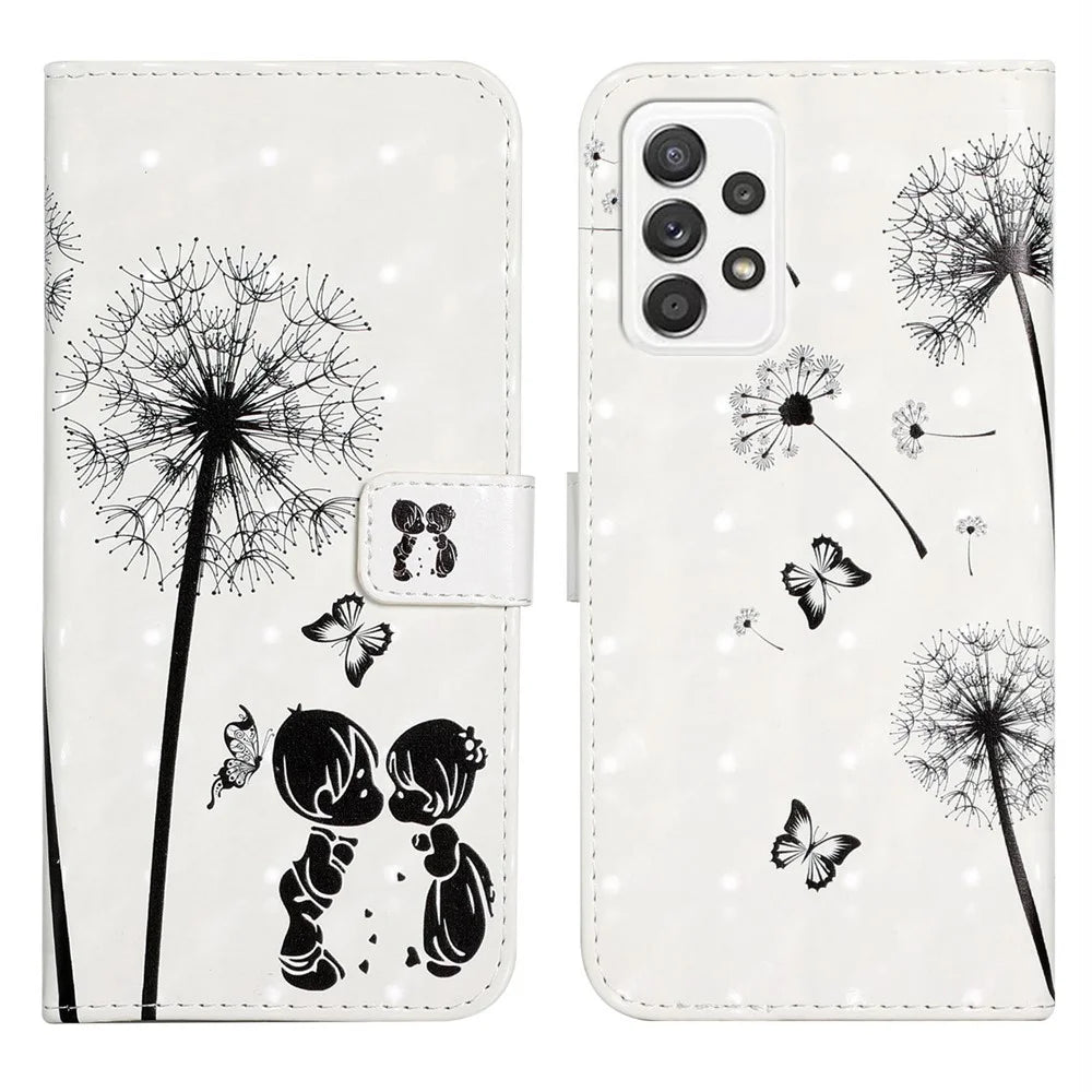 3D Cartoon Color Drawing Pattern PU Leather with Wrist Strap Wallet Stand Feature Flip Cover for Samsung Galaxy A52 4G/5G / A52s 5G - Children and Dandelions - 1