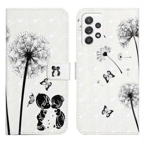3D Cartoon Color Drawing Pattern PU Leather with Wrist Strap Wallet Stand Feature Flip Cover for Samsung Galaxy A52 4G/5G / A52s 5G - Children and Dandelions - 1
