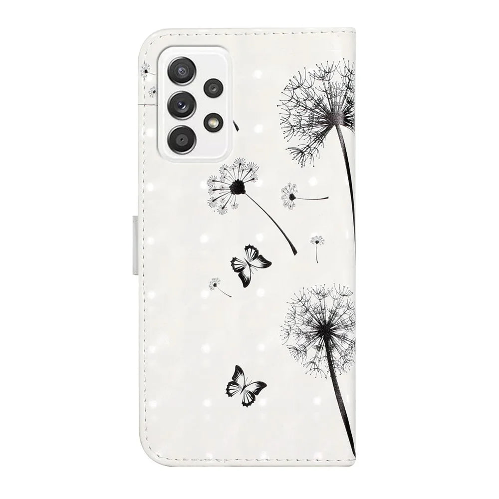 3D Cartoon Color Drawing Pattern PU Leather with Wrist Strap Wallet Stand Feature Flip Cover for Samsung Galaxy A52 4G/5G / A52s 5G - Children and Dandelions - 3
