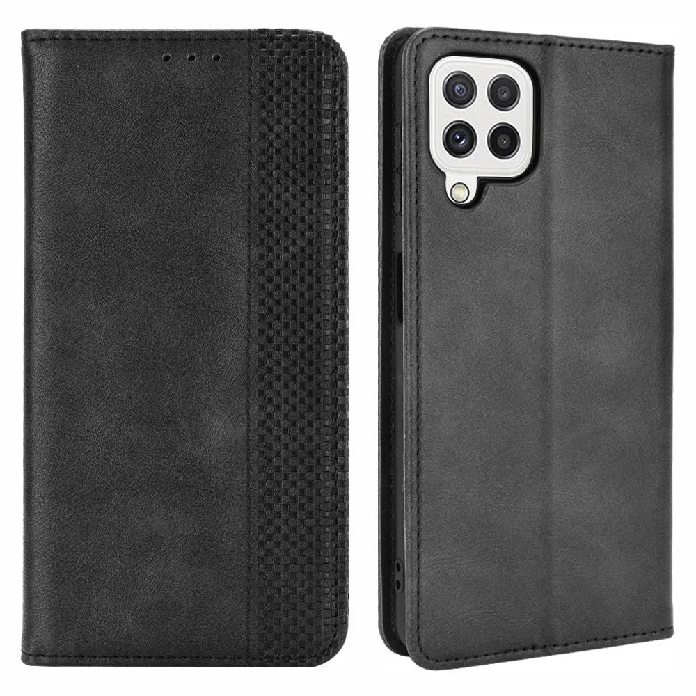 Wallet Stand Design Vintage Style Leather Phone Case Cover for Samsung Galaxy A22 4G (EU Version) - Black - 1