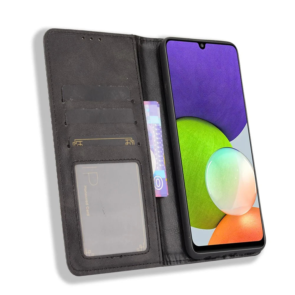 Wallet Stand Design Vintage Style Leather Phone Case Cover for Samsung Galaxy A22 4G (EU Version) - Black - 5