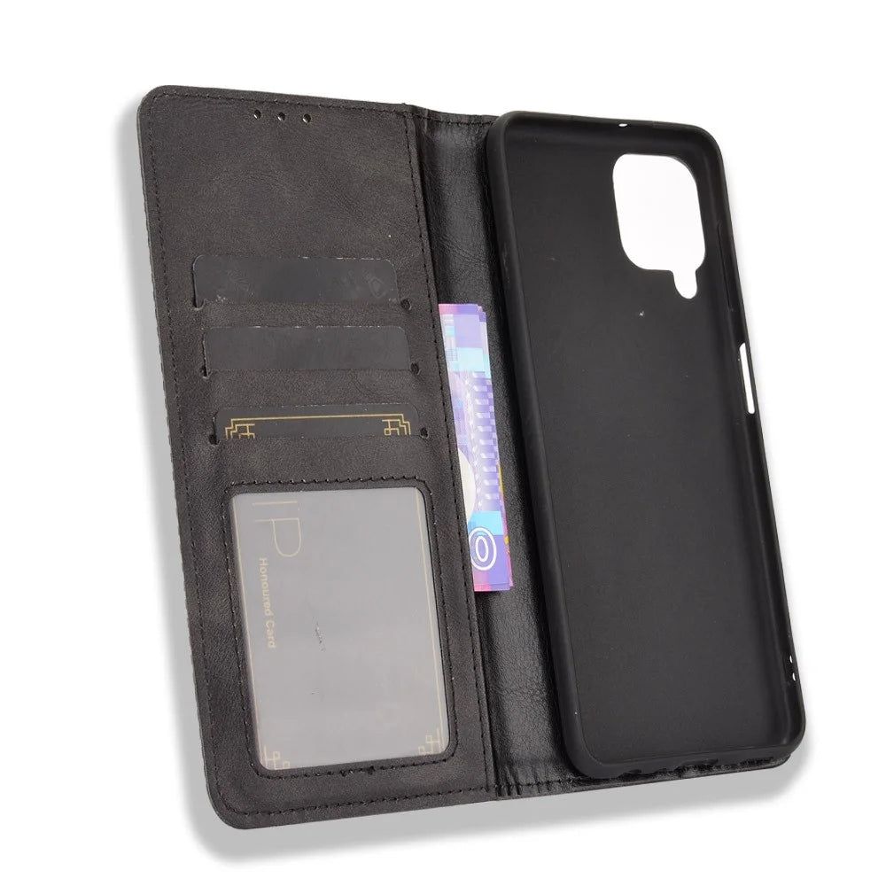 Wallet Stand Design Vintage Style Leather Phone Case Cover for Samsung Galaxy A22 4G (EU Version) - Black - 6