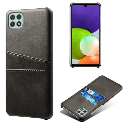 Leather Coated PC Case Phone Case Shell with Card Slots for Samsung Galaxy A22 5G (US Version) - Black - 1