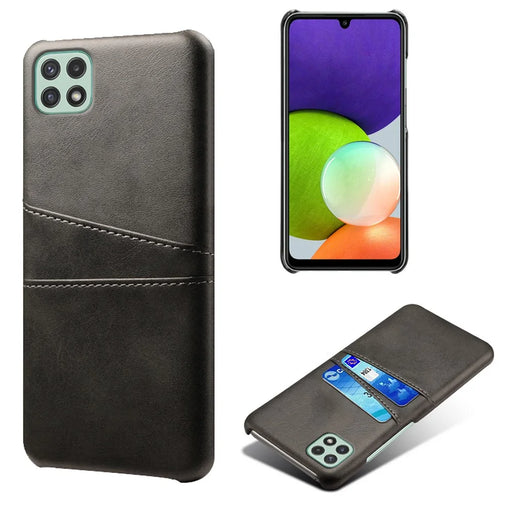 Leather Coated PC Case Phone Case Shell with Card Slots for Samsung Galaxy A22 5G (US Version) - Black - 1