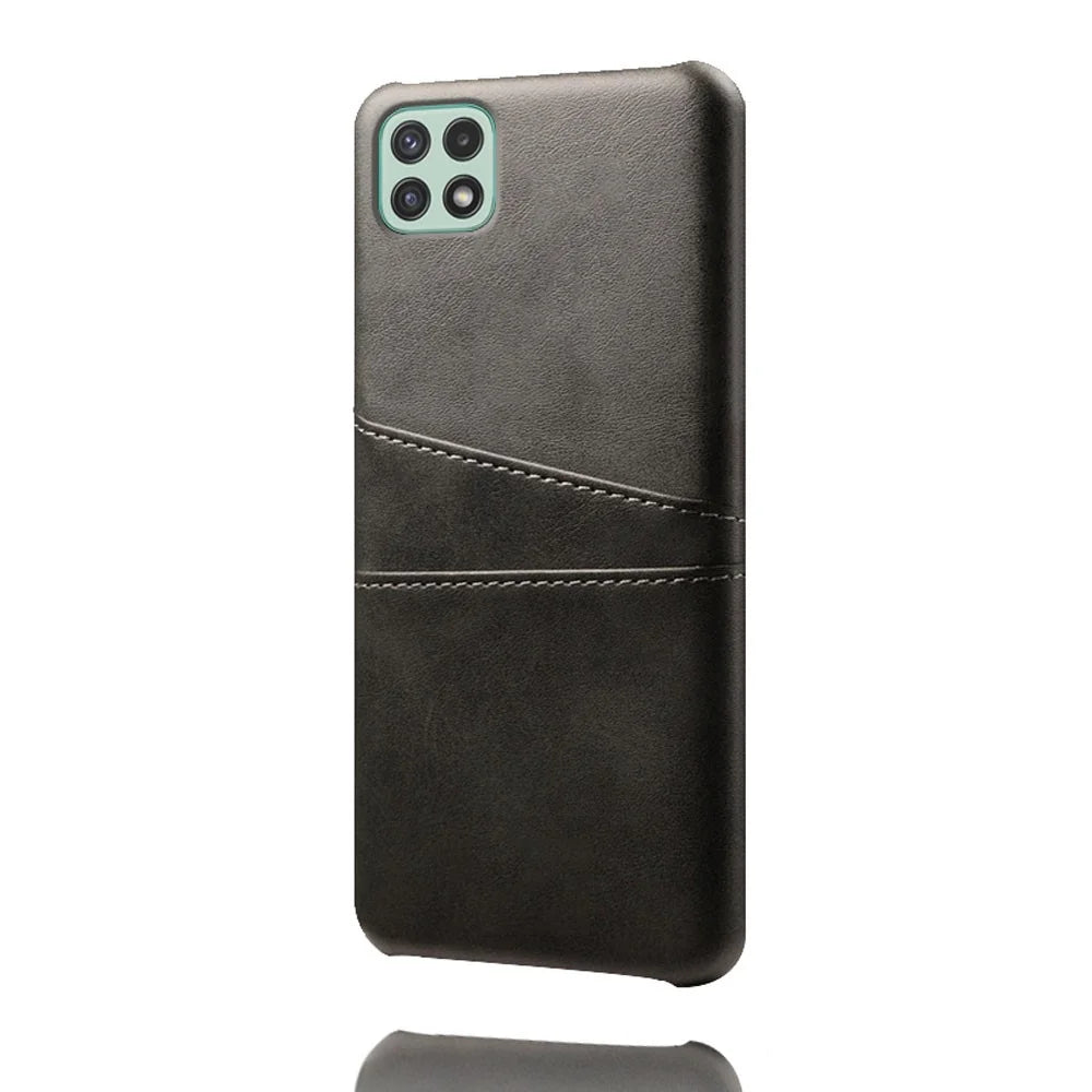 Leather Coated PC Case Phone Case Shell with Card Slots for Samsung Galaxy A22 5G (US Version) - Black - 2