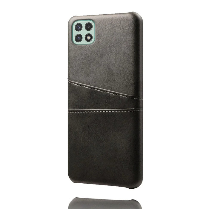 Leather Coated PC Case Phone Case Shell with Card Slots for Samsung Galaxy A22 5G (US Version) - Black - 2