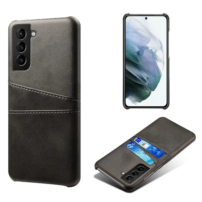 Well-Protected PU Leather Coated Hard PC Case with Dual-Card Slots Design for Samsung Galaxy S21 FE - Black - 1