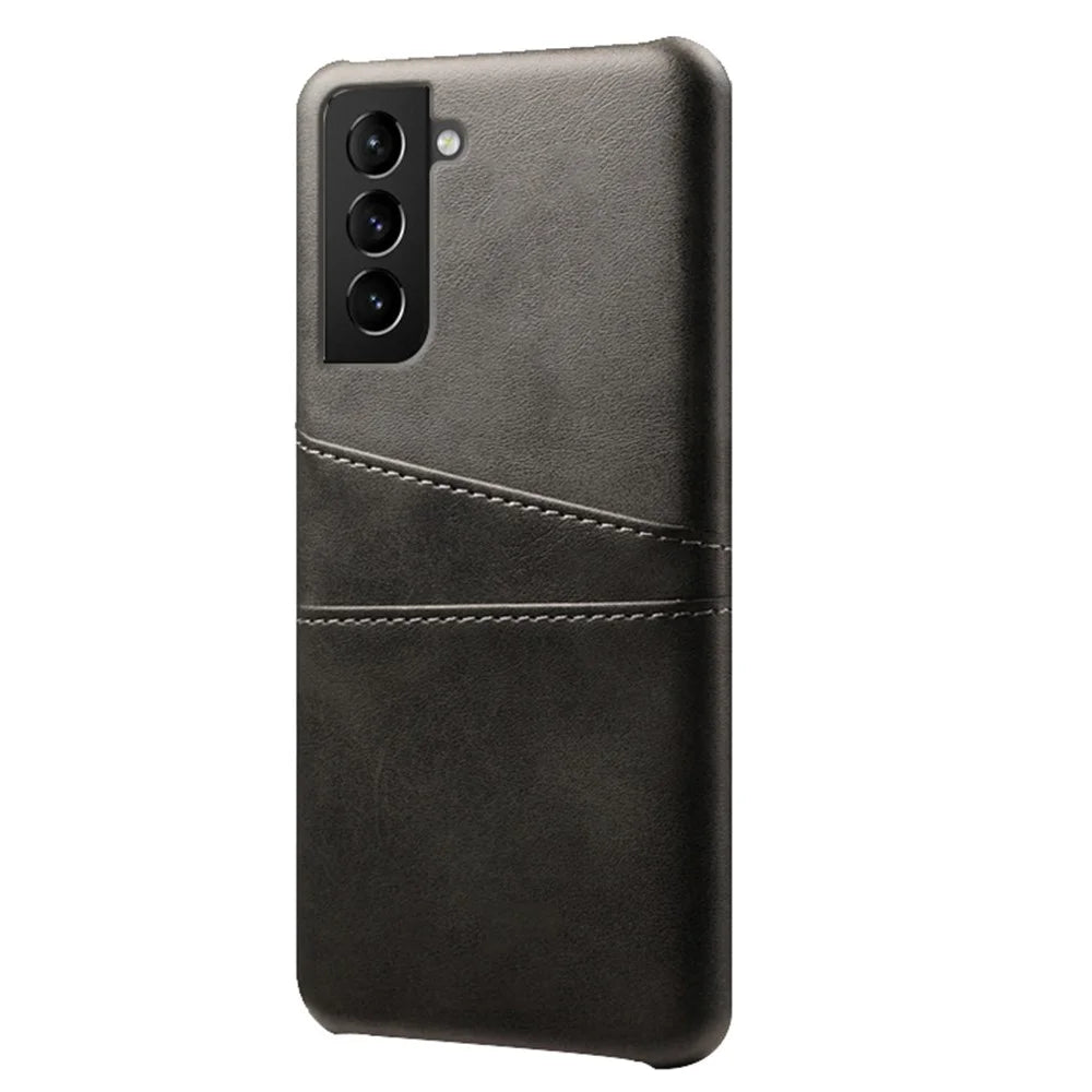 Well-Protected PU Leather Coated Hard PC Case with Dual-Card Slots Design for Samsung Galaxy S21 FE - Black - 2
