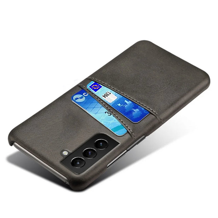 Well-Protected PU Leather Coated Hard PC Case with Dual-Card Slots Design for Samsung Galaxy S21 FE - Black - 3