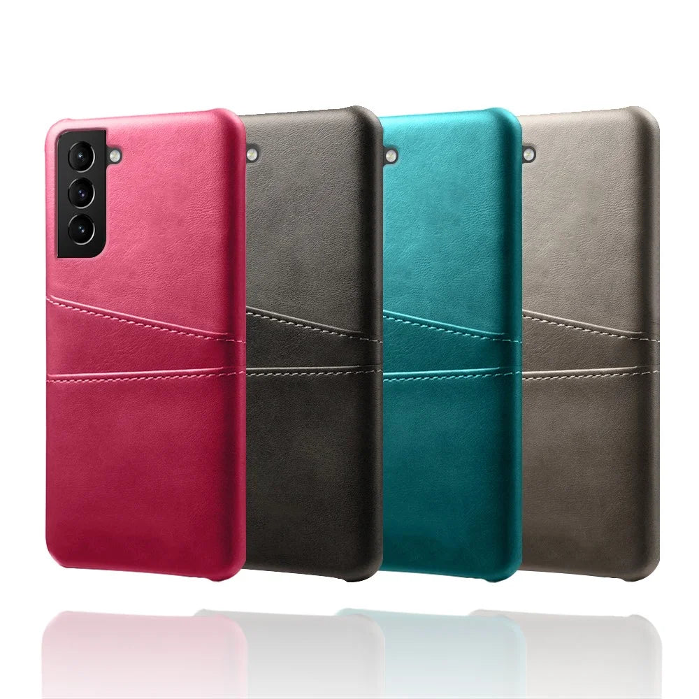 Well-Protected PU Leather Coated Hard PC Case with Dual-Card Slots Design for Samsung Galaxy S21 FE - Black - 5