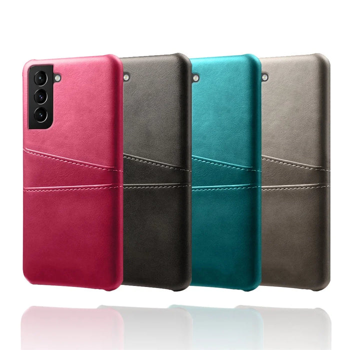 Well-Protected PU Leather Coated Hard PC Case with Dual-Card Slots Design for Samsung Galaxy S21 FE - Black - 5