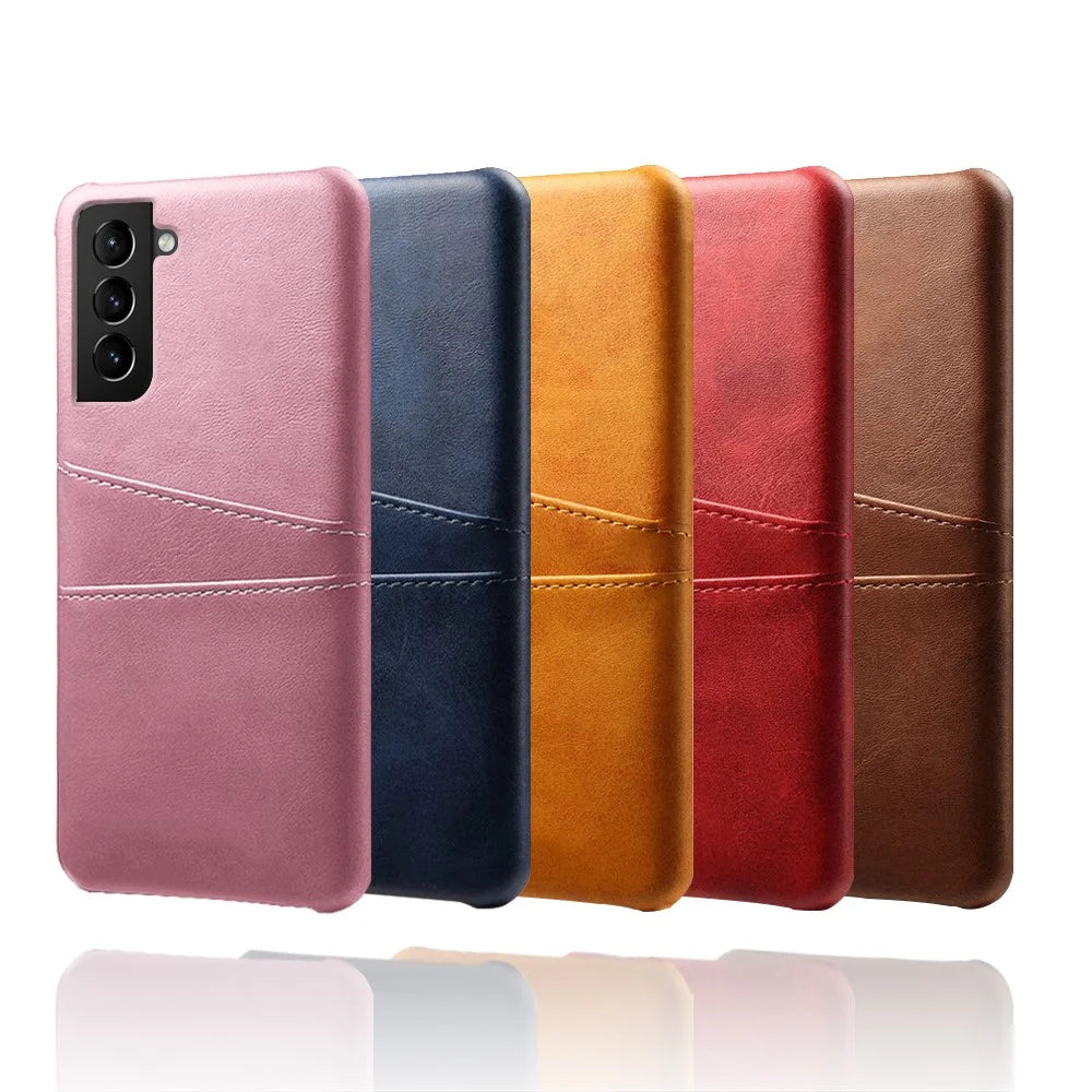 Well-Protected PU Leather Coated Hard PC Case with Dual-Card Slots Design for Samsung Galaxy S21 FE - Black - 6