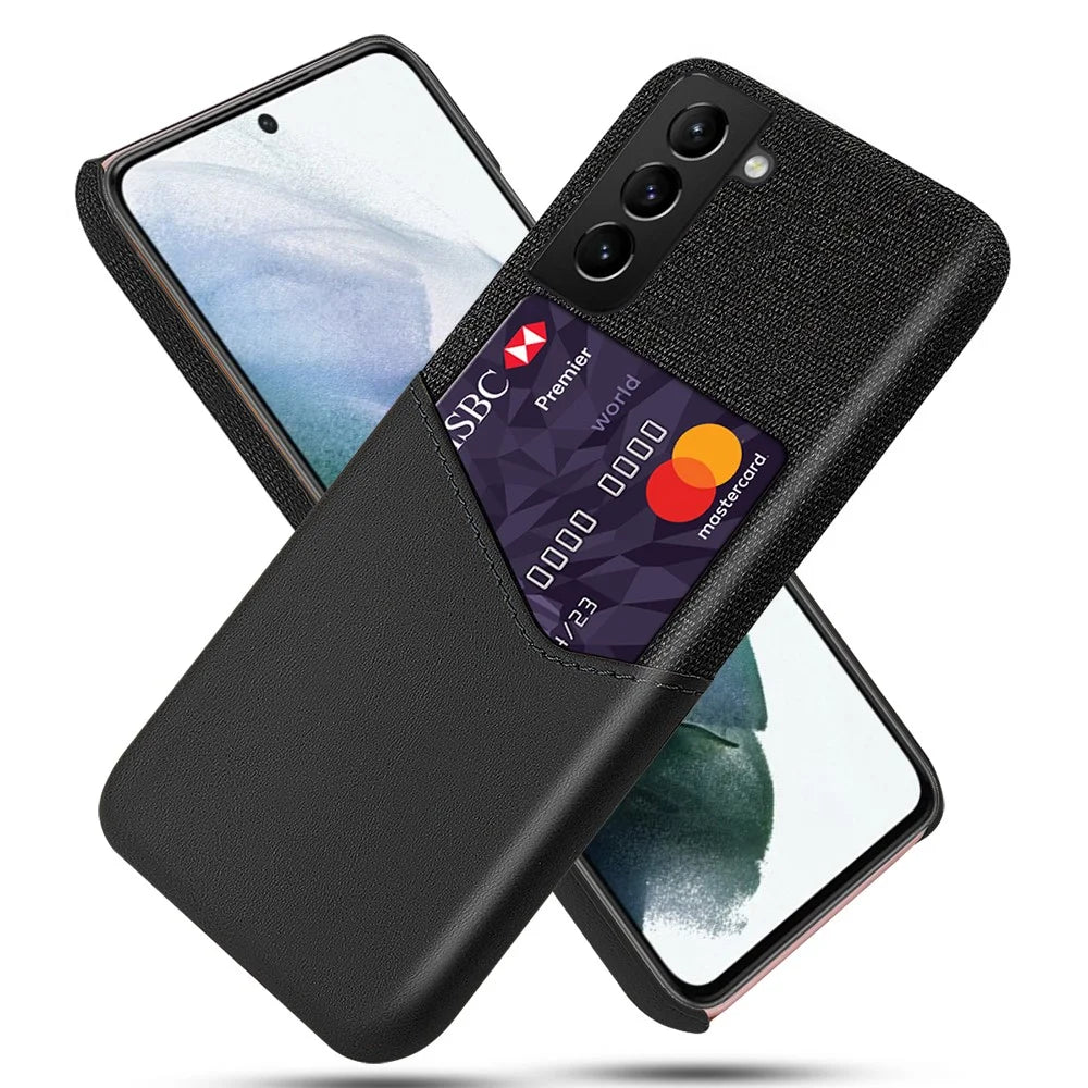 Cloth Texture Drop-proof Hybrid Phone Case with Card Slot Design for Samsung Galaxy S21 FE - Black - 1