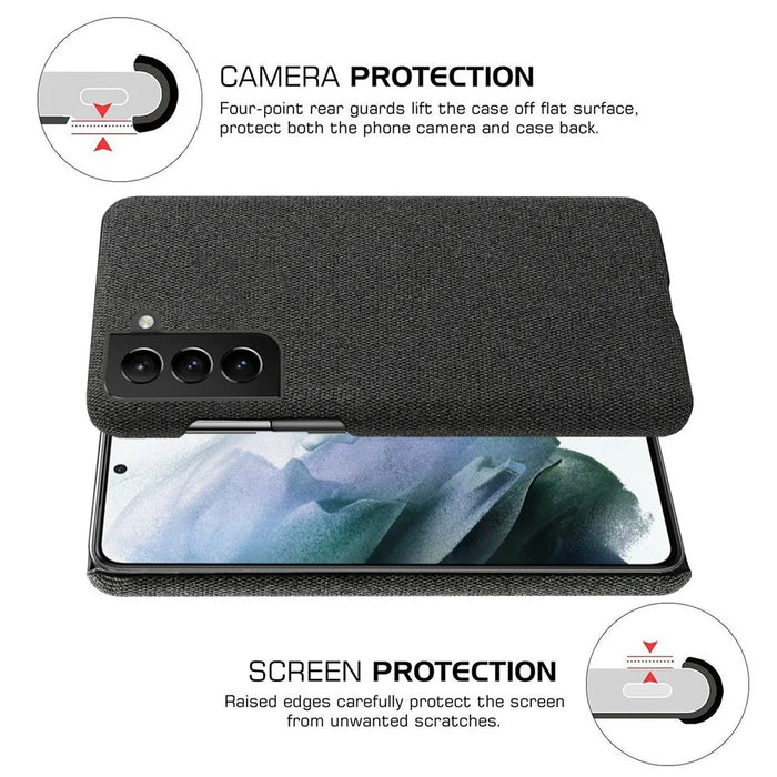 Well-Protected Hard Plastic Cover Coated with Cloth Back Case for Samsung Galaxy S21 FE - Black - 3